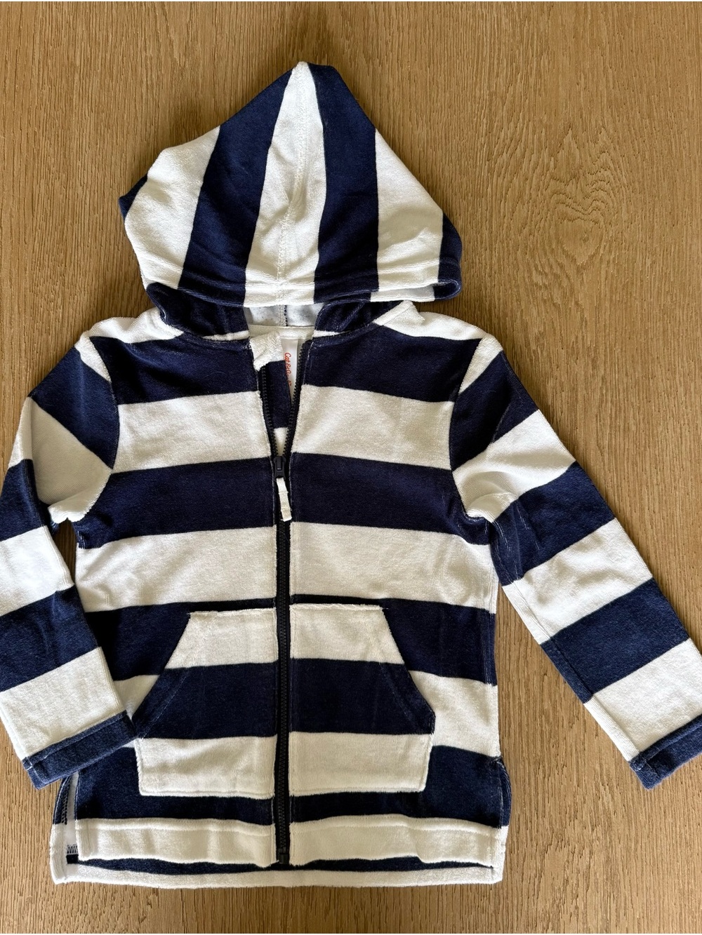 Cat & Jack Boys Navy and White Striped Hooded Zip Terry Cover-up Sweatshirt Sz 5